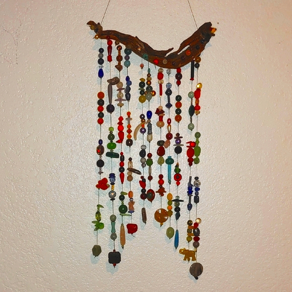 Colorful Beaded Wall Hanging * Driftwood * Glass Beads * Gemstones * Wind Chime